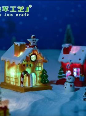 圣诞屋微景观圣诞节仿真带亮灯房子树脂工艺品桌面雪人小摆件