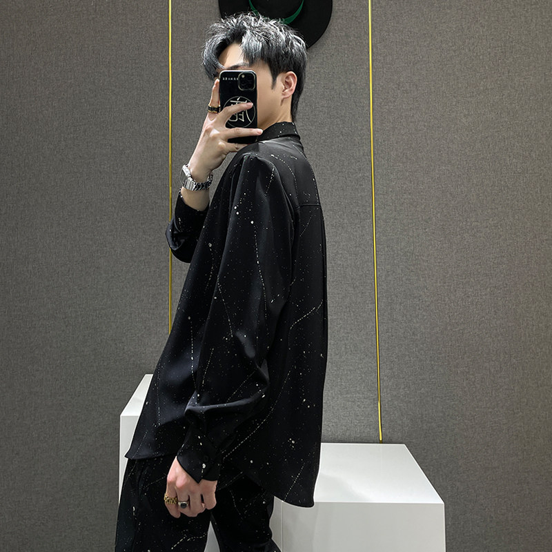 鹿鹿/夏季冰丝泼墨星空设计感衬衫套装男小众宽松垫肩衬衫两件套,淘宝优惠券,粉丝福利购,淘宝优惠卷