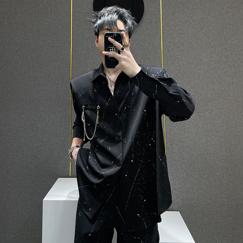 鹿鹿/夏季冰丝泼墨星空设计感衬衫套装男小众宽松垫肩衬衫两件套,淘宝优惠券,粉丝福利购,淘宝优惠卷