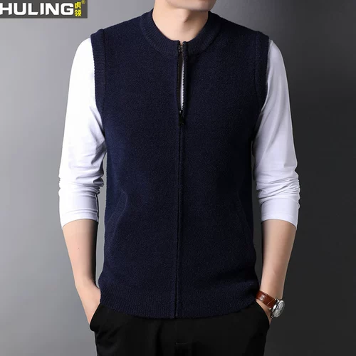 Мужской жилет без рукавов, осенний цветной свитер с молнией, трикотажный кардиган, круглый воротник, большой размер