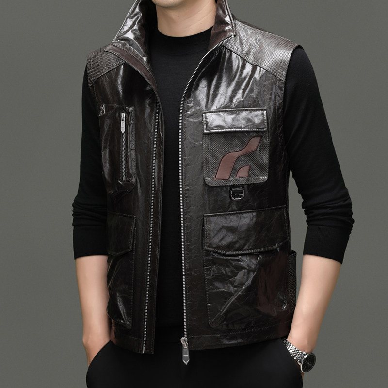 春秋季真皮皮衣油蜡牛皮时尚潮流简约男士立领马甲休闲男装上衣,淘宝优惠券,粉丝福利购,淘宝优惠卷