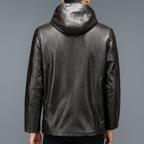 秋冬季中老年皮衣连帽男士皮夹克大码宽松休闲爸爸装加绒加厚外套 - 图2