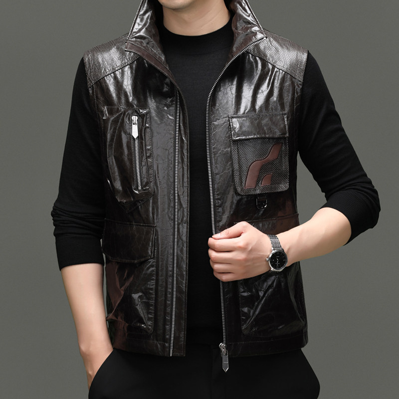 春秋季真皮皮衣油蜡牛皮时尚潮流简约男士立领马甲休闲男装上衣,淘宝优惠券,粉丝福利购,淘宝优惠卷