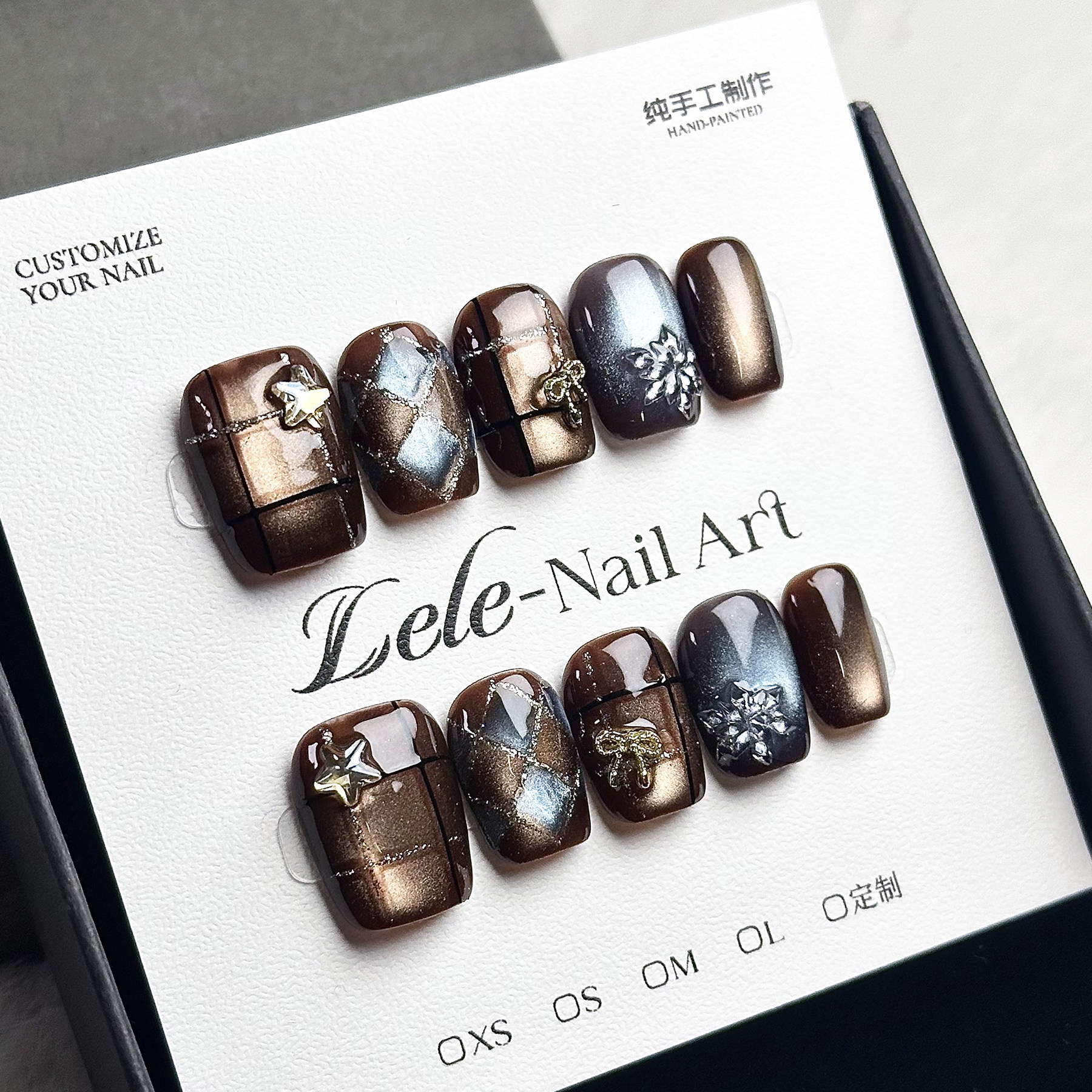 Lele【猫眼格子雪花】纯手工穿戴甲个性小众可拆卸美甲贴片甲气质,淘宝优惠券,粉丝福利购,淘宝优惠卷