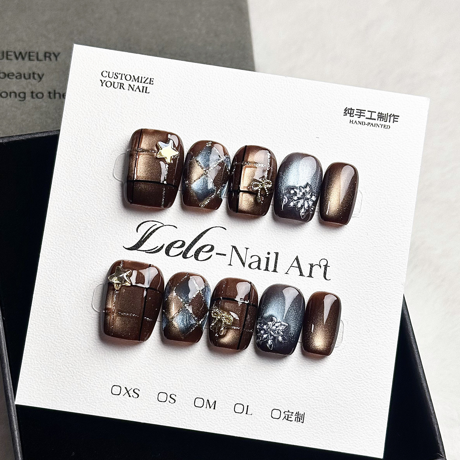 Lele【猫眼格子雪花】纯手工穿戴甲个性小众可拆卸美甲贴片甲气质,淘宝优惠券,粉丝福利购,淘宝优惠卷