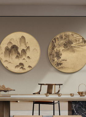 稻草人细闪新中式山水画圆形框玄关装饰画餐厅挂画墙壁画卧室走廊