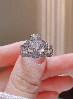 莫桑石水滴皇冠戒指女银镀白金