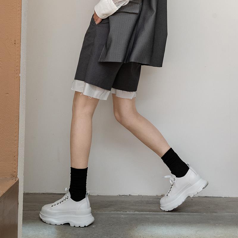 2024新款厚底鞋真皮多功能增高平台底高帮靴英伦风格帆布 - 图1