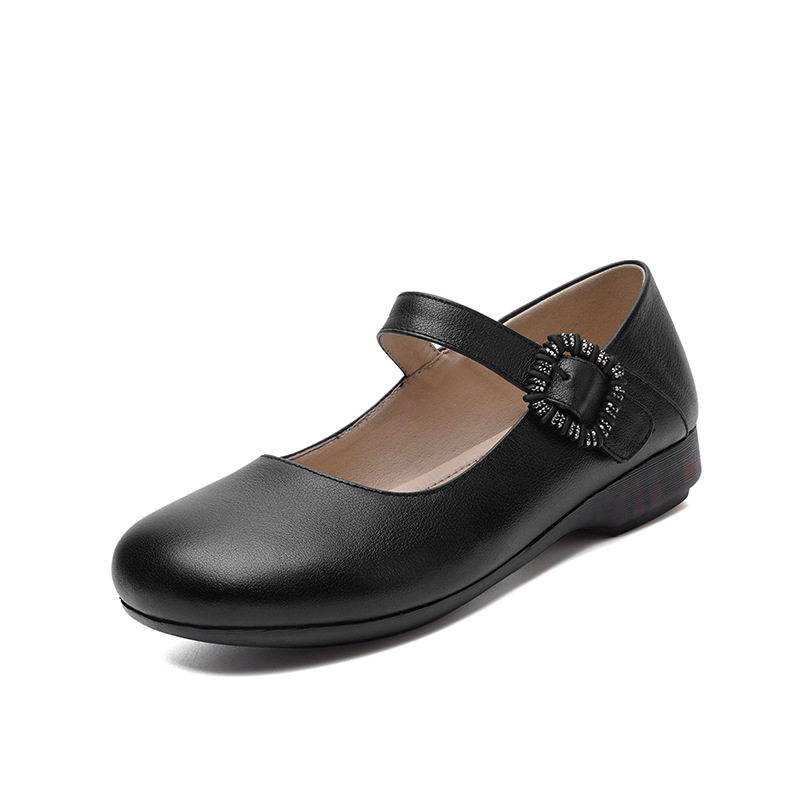 真皮软底浅口单鞋女春季新款平底防滑百搭圆头妈妈皮鞋一字扣女鞋,淘宝优惠券,粉丝福利购,淘宝优惠卷