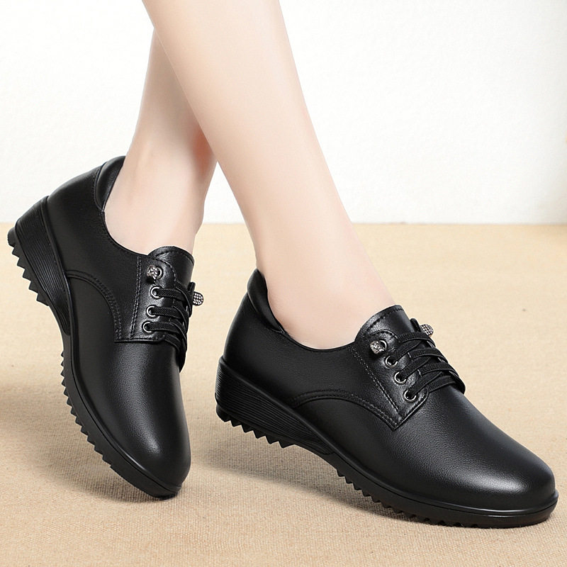 秋季新款单鞋女真皮中跟平底中老年妈妈鞋软底系带深口大码女皮鞋,淘宝优惠券,粉丝福利购,淘宝优惠卷