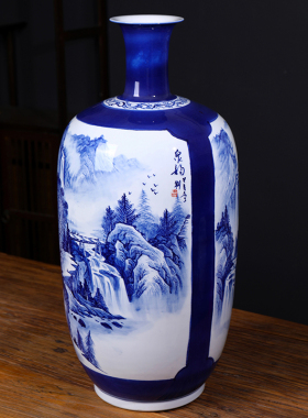 景德镇手绘青花雅居图陶瓷花瓶