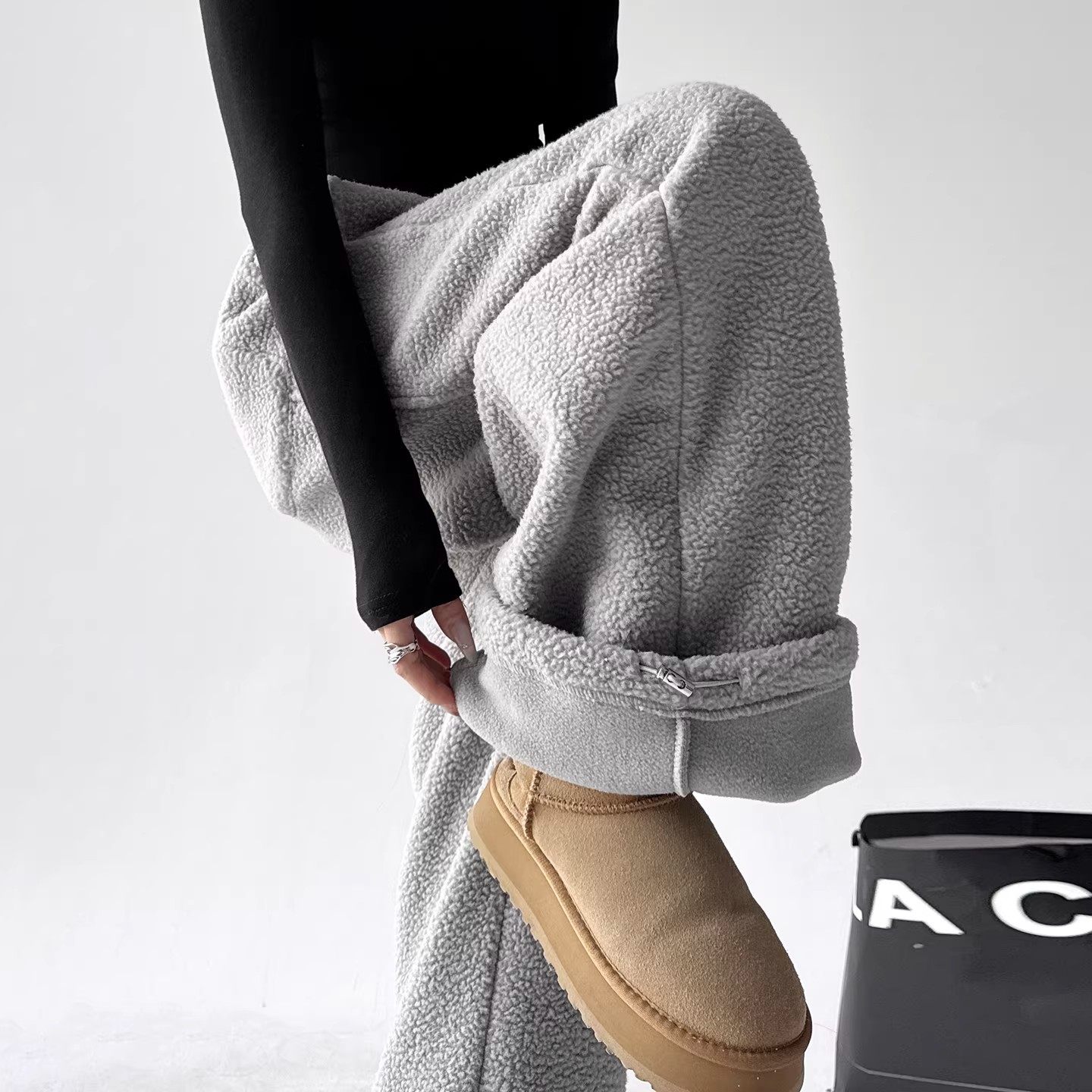 MDCW STUDIO美式慵懒风羊羔毛宽松阔腿裤女2025冬装保暖休闲裤子,淘宝优惠券,粉丝福利购,淘宝优惠卷