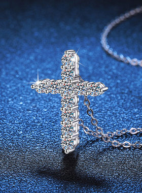 S925纯银吊坠满钻莫桑石简约时尚十字架项链莫桑石项链女