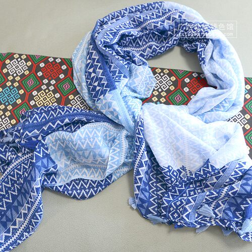 广西壮锦围巾 春秋旅游防晒披肩女 壮族特色蓝色薄款丝巾围巾手礼 - 图1