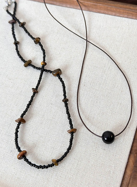 新中式黑色串珠项链爆款度假风复古木纹不规则珠子叠戴锁骨链配饰