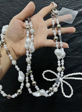 ins银色珍珠爱心蝴蝶结手机链条可斜跨可挂脖ccd相机链包包挂件女