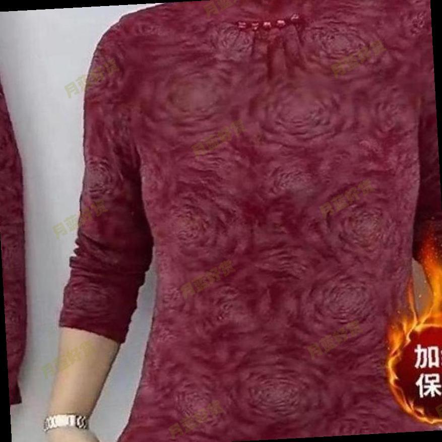 2025新款黑色玫瑰花纹长袖T恤女加绒保暖百搭打底衫妈妈装大码 - 图0