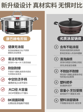 康巴赫电饼铛316L不锈钢加深加大平底电煎锅新款家用多功能烙饼锅