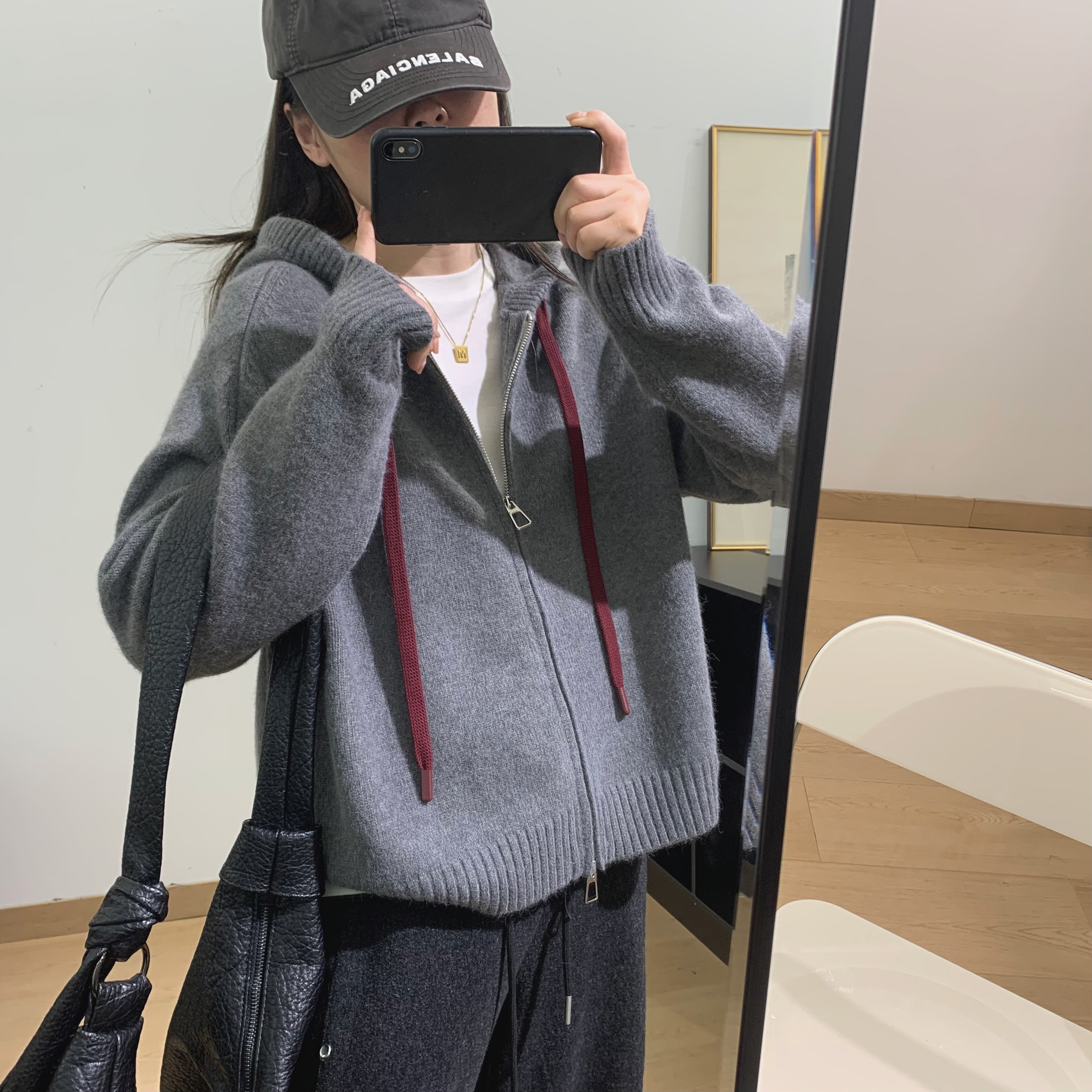 细米定制软糯绒感双拉链毛衣外套休闲风宽松百搭显瘦连帽针织开衫 - 图2