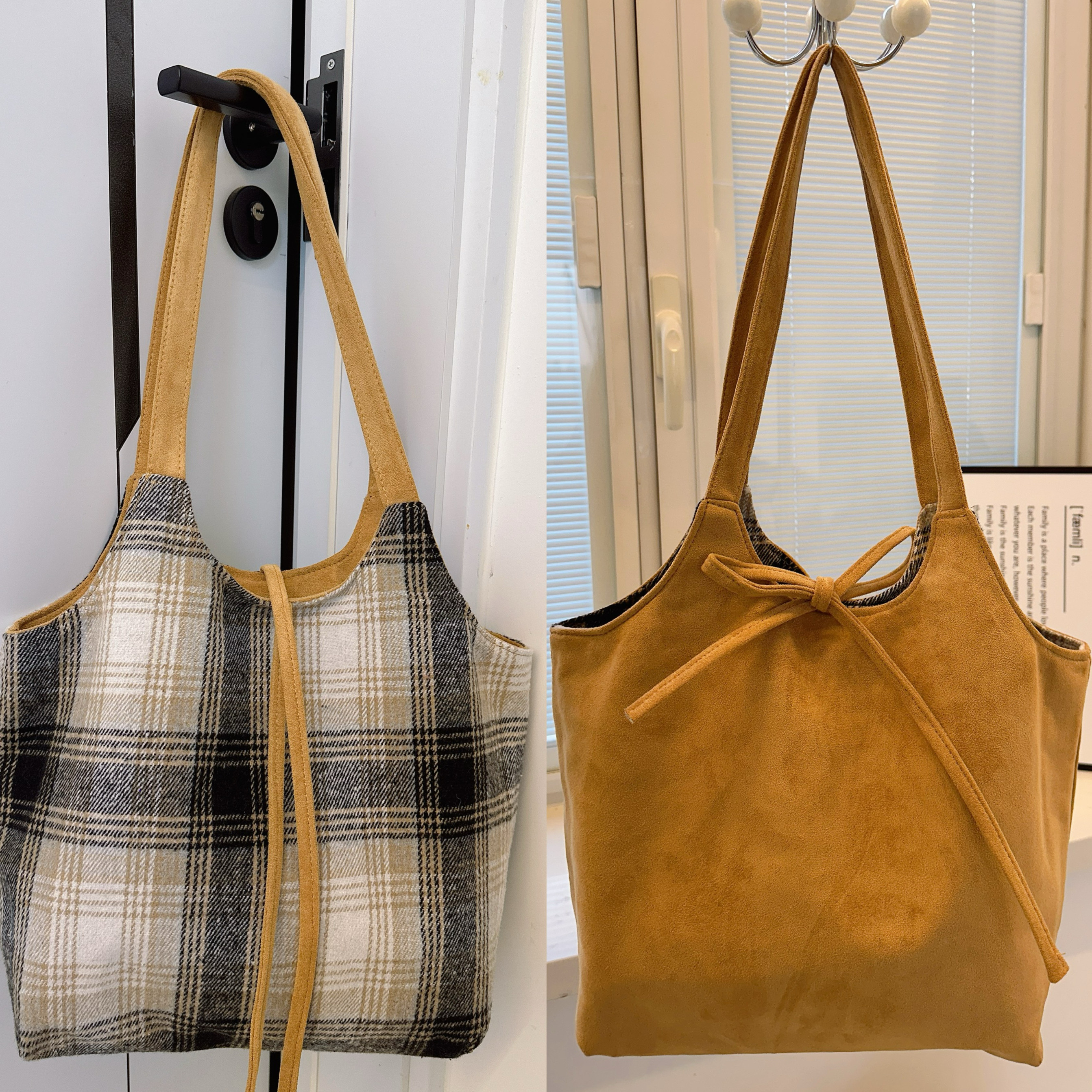 嗨橙日韩ins毛呢格纹背心包大容量单肩包购物袋百搭帆布包女秋冬,淘宝优惠券,粉丝福利购,淘宝优惠卷