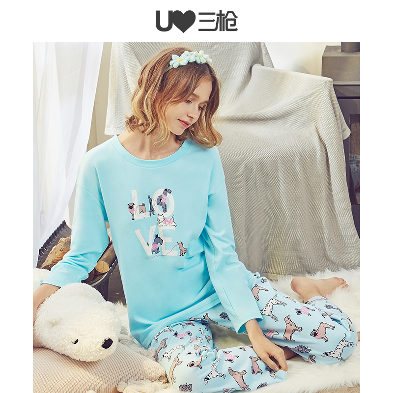 三枪官方旗舰店三枪睡衣女纯棉春夏纽约设计印花可爱家居服卡通全棉女士居家套装0