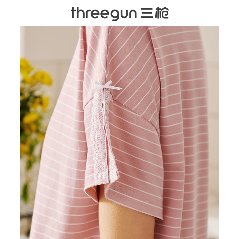 三枪官方旗舰店三枪弹力棉睡衣春夏季男女条纹套头薄款修身居家情侣家居服套装2