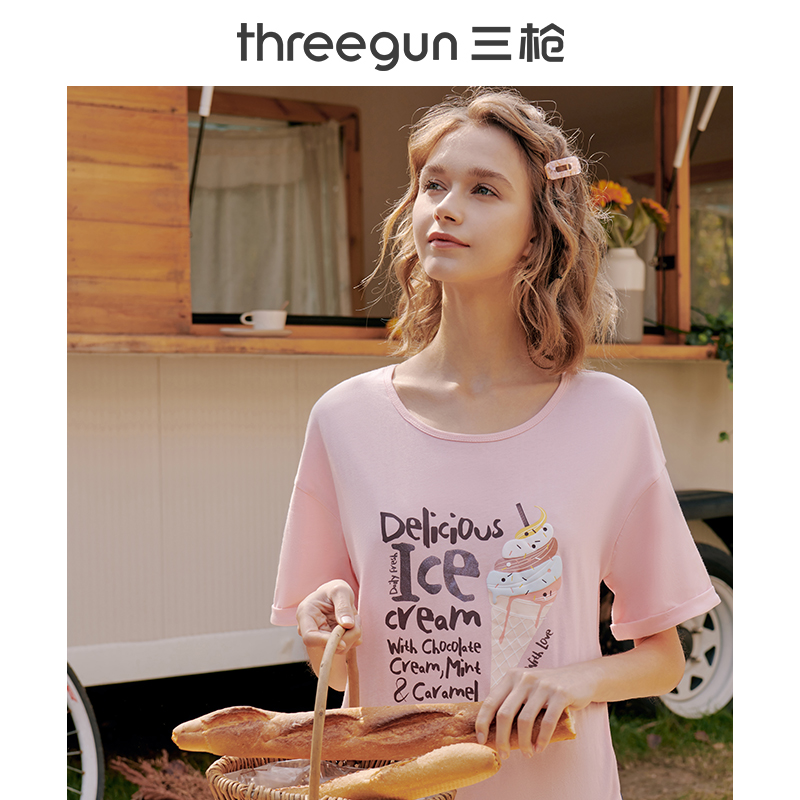 三枪官方旗舰店三枪纯棉睡衣女春夏新品可爱印花短袖中裤居家休闲家居服女士套装2