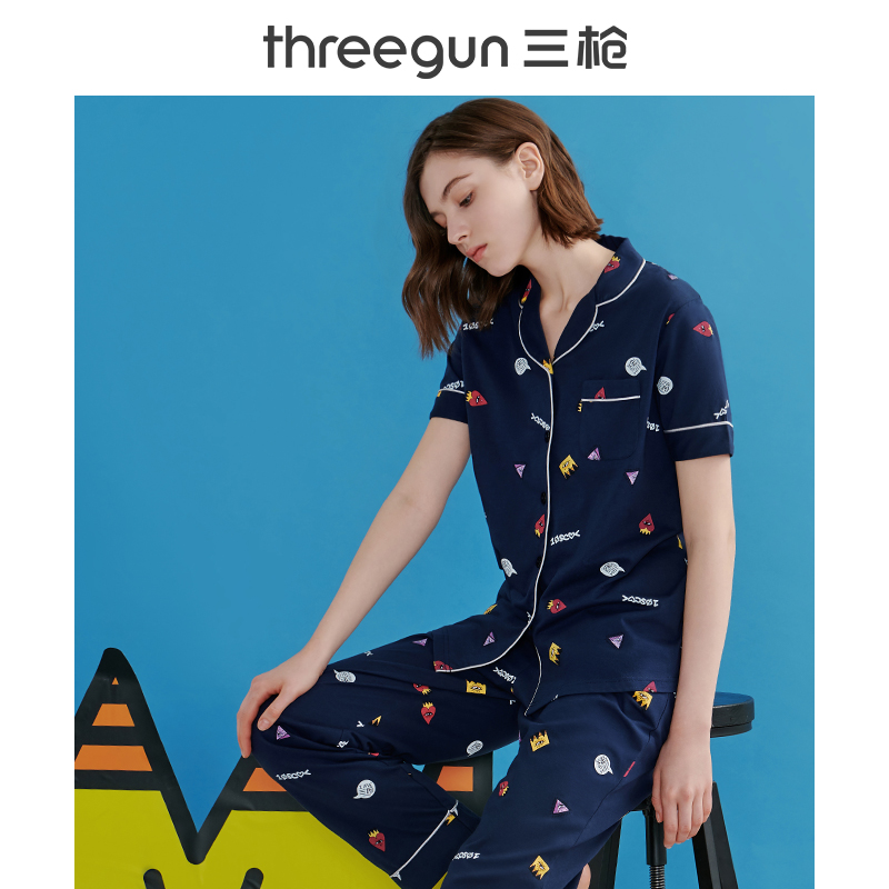三枪官方旗舰店[李晨同款]三枪情侣睡衣纯棉春夏坦尼斯薄居家短袖长裤家居服套装2