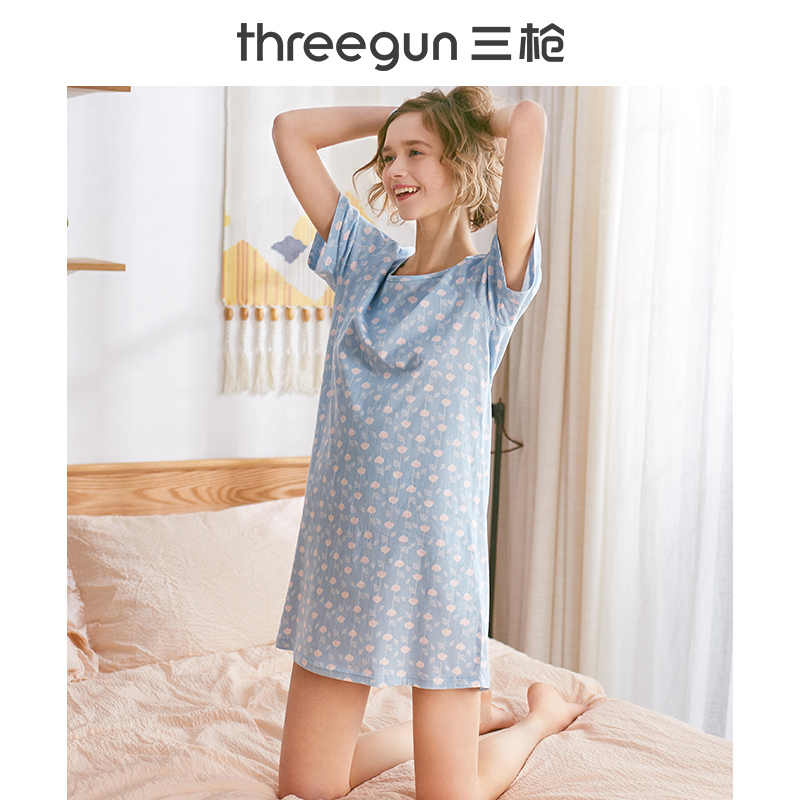 三枪官方旗舰店三枪睡裙女夏季纯棉夏天宽松柔软居家透气短袖全棉女士家居睡衣裙1