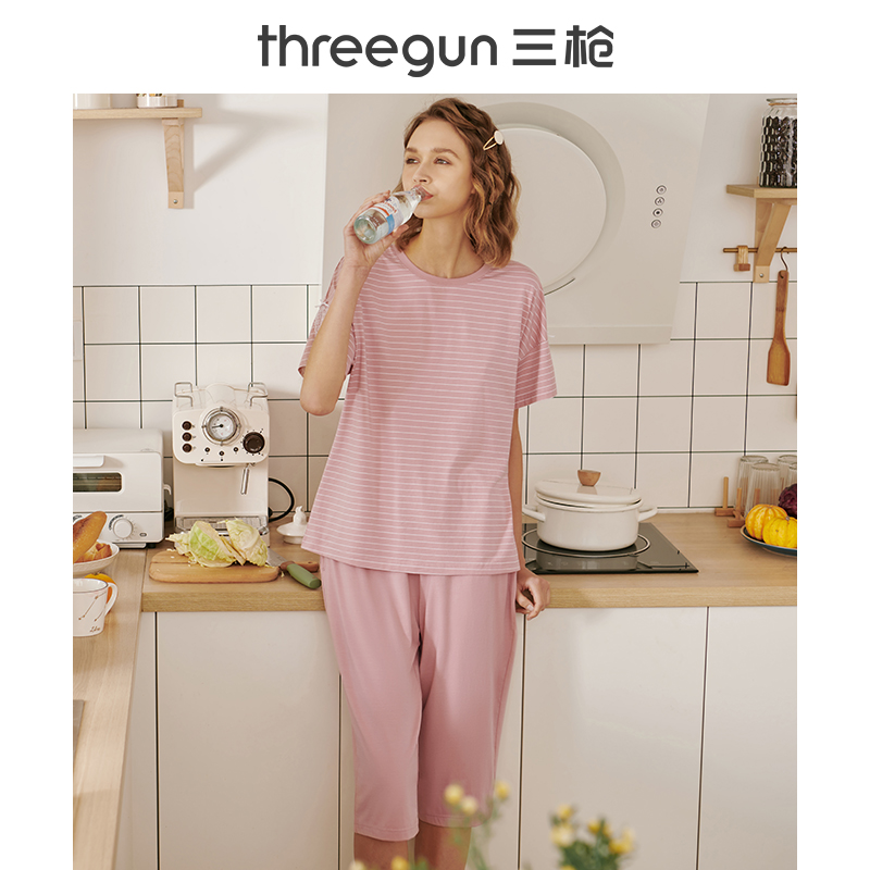 三枪官方旗舰店三枪弹力棉睡衣春夏季男女条纹套头薄款修身居家情侣家居服套装0
