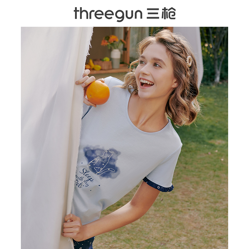 三枪官方旗舰店三枪家居服女纯棉夏季夏天花边印花短袖中裤休闲居家睡衣套装女士2