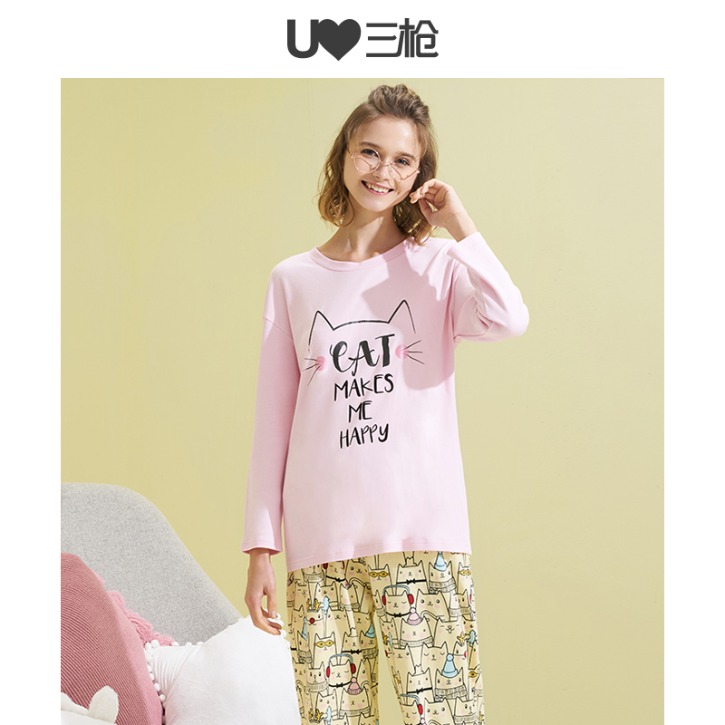 三枪官方旗舰店三枪睡衣女纯棉春夏纽约设计印花可爱家居服卡通全棉女士居家套装1