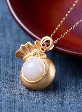 砂金钱袋白玉项链吊坠银饰工艺时尚个性简约风大气寓意饰品女士款