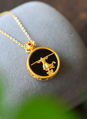 天然和田墨玉圆牌大圣归来吊坠