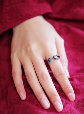 国潮景泰蓝活口可调节戒指荷花