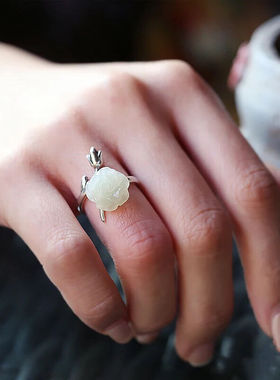 镀银戒指女镶嵌天然白玉玫瑰雕花开口指环时尚民族风百搭手饰品