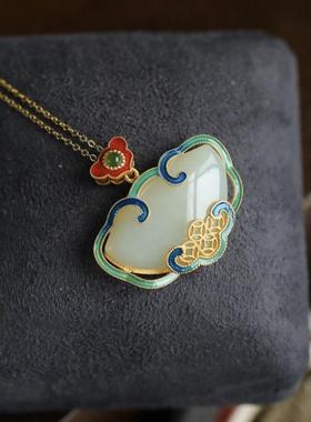 女款项链镶嵌烧蓝白玉玉吊坠颈饰品