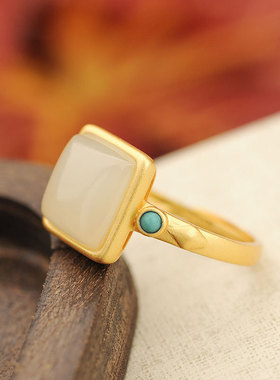 S925纯银白玉方形戒指天然和田玉