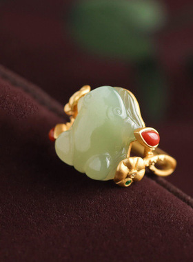 招财青蛙碧玉小众镀金活口戒指民族风荷叶食指戒女款指环手饰品礼