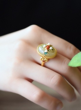 白玉复古精美女士花朵活口戒指