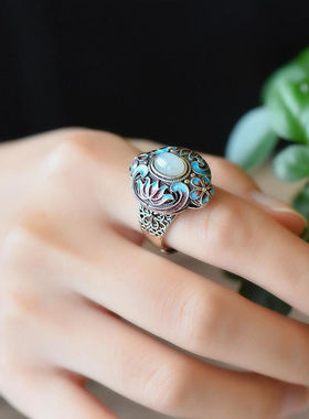 镀银银戒指白玉民族风女款首饰