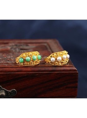 花丝上新复古宫廷珍珠绿松戒指女