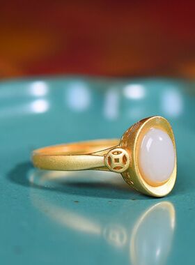 女款元宝白玉镀金活口戒指