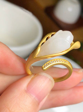 新款天然玉兰花玉石戒指镀金开口款女清新优雅饰品送长辈经典礼物