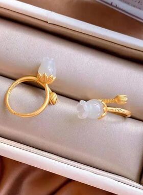 复古中式花朵白玉优雅镀金活口戒指玉兰花食指戒女款民族风指环礼