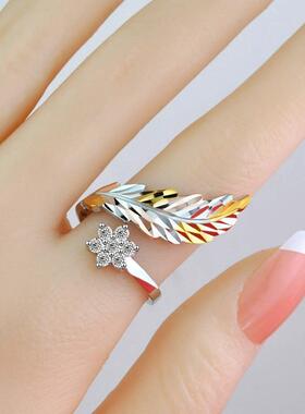礼送镀银活口戒指女彩花气质时尚食指环民族风百搭女款羽毛形戒指