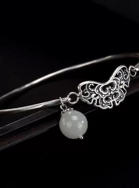 复古做旧合金镀银蝴蝶活口白玉手镯女手环气质百搭民族风手饰品礼