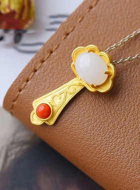 民族风如意项链925银镀金镶嵌白