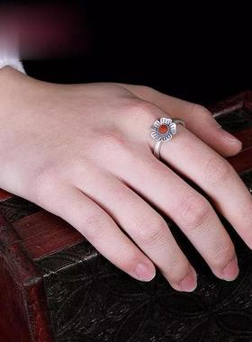 镀银复古做旧天然玉石梅花桃花女士开口戒指民族风之指环百搭饰品