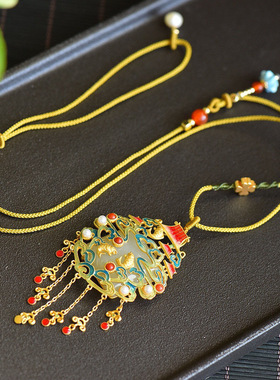 流苏景泰蓝白玉吊坠女款镀金锁骨项链民族风项坠中式挂坠颈饰品礼